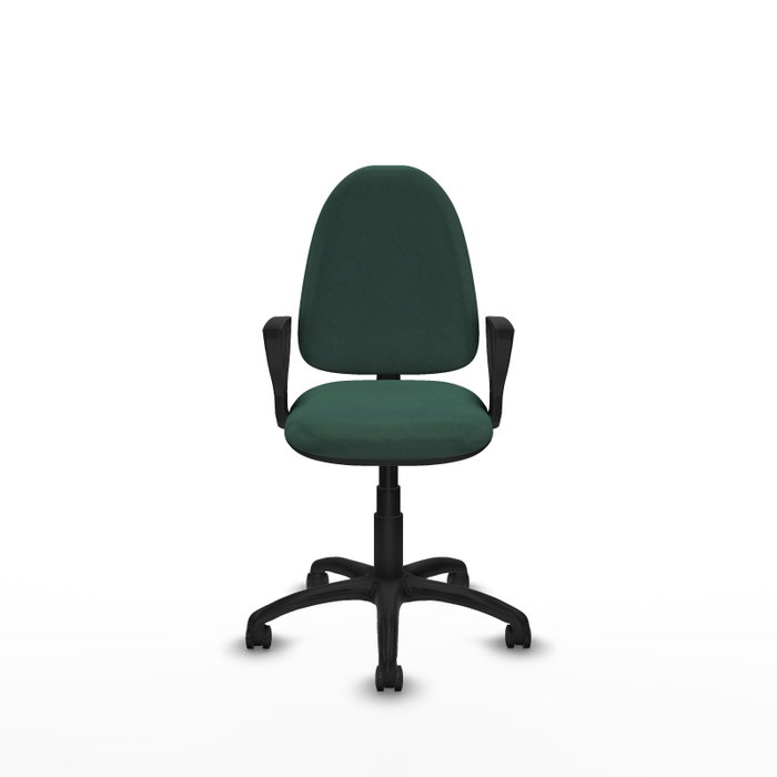 Silla de oficina Aýna con mecanismo Contacto permanente básico tapizada con Tela color Verde botella. Equipada con Base poliamida negra, Brazos fijos y Ruedas autofrenantes