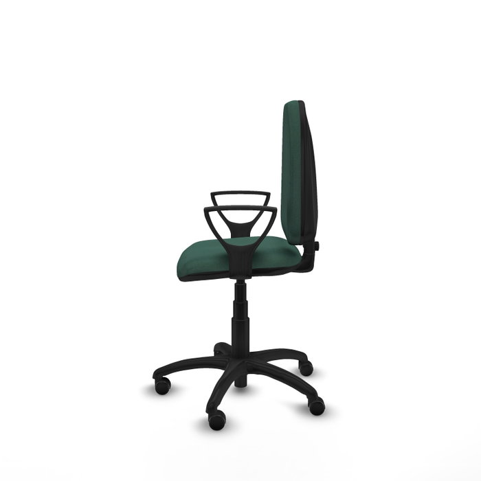 Silla de oficina Aýna con mecanismo Contacto permanente básico tapizada con Tela color Verde botella. Equipada con Base poliamida negra, Brazos fijos y Ruedas autofrenantes