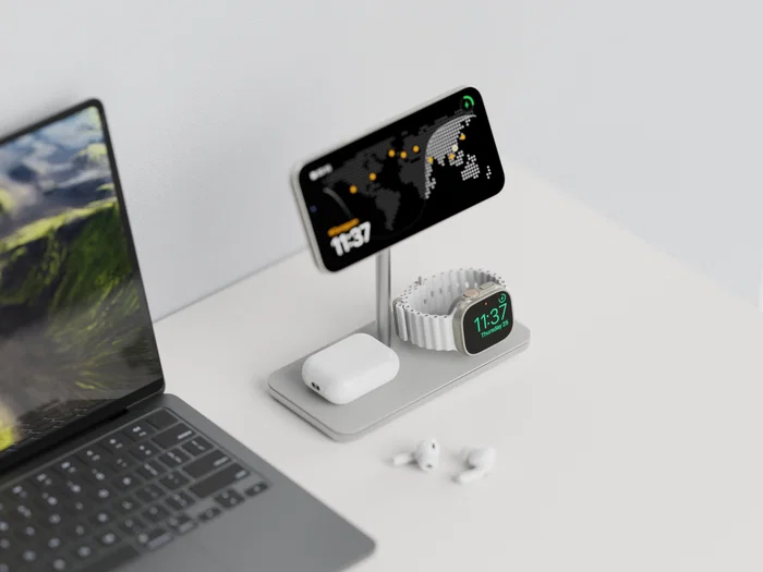 LINQ LQ48038 Cargador Inalámbrico 3en1 para iPhone, Apple Watch y AirPods con Tecnología MagSafe y Qi2 (15W), Certificación MFi, Modo Standby - Color Plata