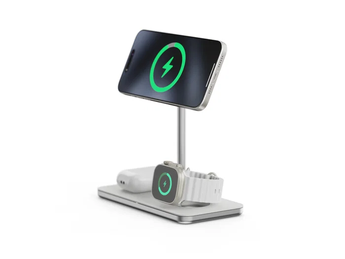 LINQ LQ48038 Cargador Inalámbrico 3en1 para iPhone, Apple Watch y AirPods con Tecnología MagSafe y Qi2 (15W), Certificación MFi, Modo Standby - Color Plata