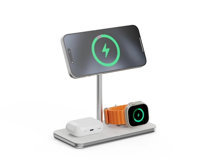 LINQ LQ48038 Cargador Inalámbrico 3en1 para iPhone, Apple Watch y AirPods con Tecnología MagSafe y Qi2 (15W), Certificación MFi, Modo Standby - Color Plata