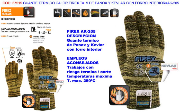 Firex Guante Térmico de Calor AK-205 Talla 9 de PanoX y Kevlar con Forro Firex Guante Térmico de Calor AK-205 Talla 9 de PanoX y Kevlar con Forro