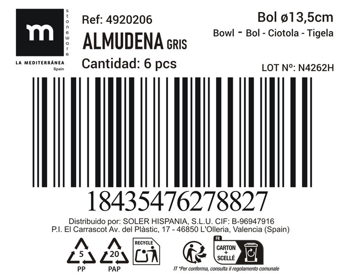 La Mediterranea Bol Ø13.5 cm Gris "Almudena" Md (24 Unidades)