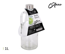 Anna Botella de Vidrio 1 Litro con Asa - 9.7 cm de Ancho, 24.8 cm de Alto (12 Unidades)