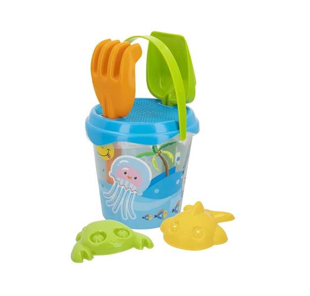 Color Baby Cubo Playa Animal Summer 18cm con Pala, Rastrillo y 2 Moldes en Red de Plástico Color Baby Cubo Playa Animal Summer 18cm con Pala, Rastrillo y 2 Moldes en Red de Plástico