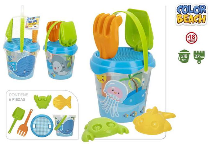 Color Baby Cubo Playa Animal Summer 18cm con Pala, Rastrillo y 2 Moldes en Red de Plástico Color Baby Cubo Playa Animal Summer 18cm con Pala, Rastrillo y 2 Moldes en Red de Plástico