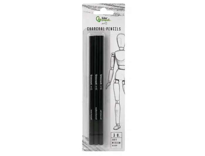 Liderpapel Lápiz de Carboncillo para Esbozos, Caja de 3 Unidades, Diferentes Durezas, Certificado FSC