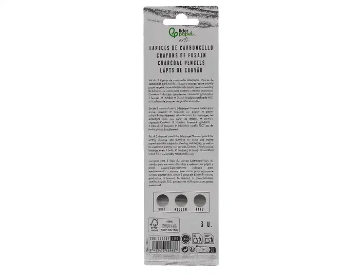 Liderpapel Lápiz de Carboncillo para Esbozos, Caja de 3 Unidades, Diferentes Durezas, Certificado FSC