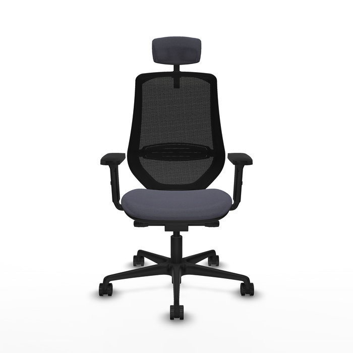 Silla de oficina Mardos con mecanismo Sincro/Traslack tapizada con Tela color Gris oscuro y malla color Negro. Equipada con lumbar 1D, Brazos 2D, Cabecero 2D y Ruedas 65mm nailon