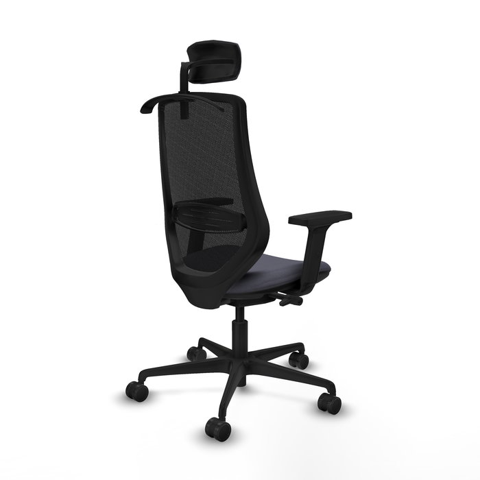 Silla de oficina Mardos con mecanismo Sincro/Traslack tapizada con Tela color Gris oscuro y malla color Negro. Equipada con lumbar 1D, Brazos 2D, Cabecero 2D y Ruedas 65mm nailon
