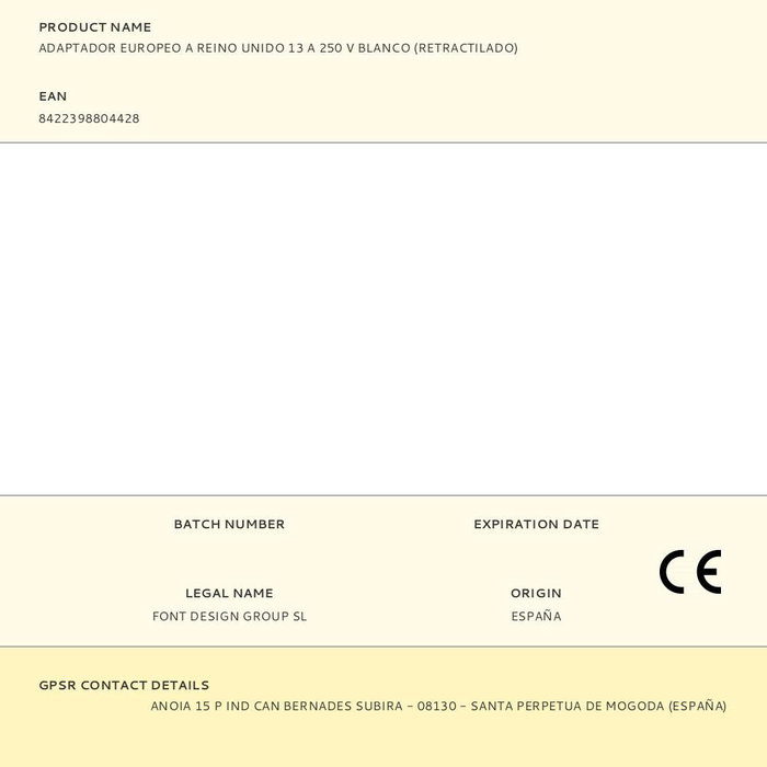 BF Adaptador de Viaje Europa a Reino Unido 250V 13A Blanco Retractilado
