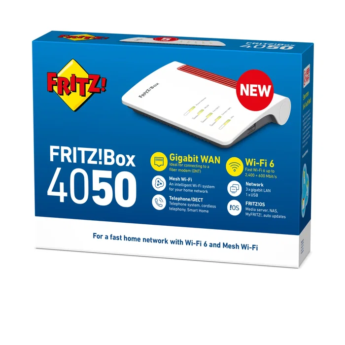 AVM FRITZ!Box 4050 International Router WiFi 6 Mesh AX Doble Banda 2400 Mbps, 3x LAN + 1x WAN Gigabit, Centralita VoIP/DECT, Control Parental, USB 3.0