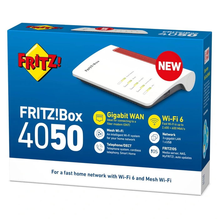 AVM Fritz!Box 4050 Router WiFi 6 Mesh con 1 puerto WAN Gigabit y 3 puertos LAN Gigabit