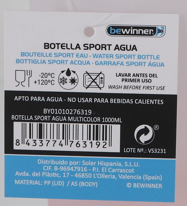 Bewinner Botella Sport Agua Multicol. 1000Ml, Alto 28.9 cm, Ancho 8.9 cm (12 Unidades)