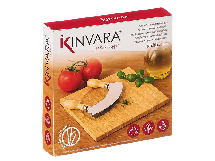 Kinvara Set Tabla Cortador Doble Hoja 20 x 20 x 1,5 cm Bambú y Acero Inoxidable (Set de 12)