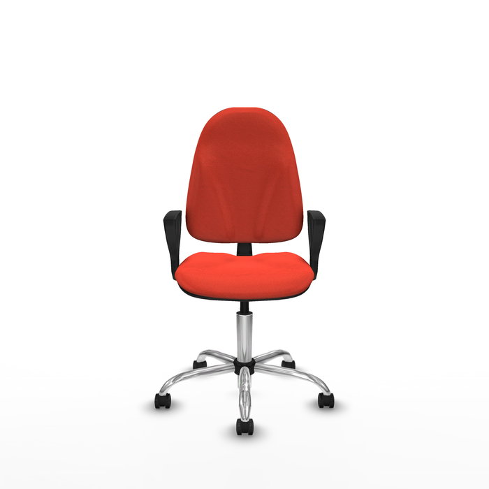 Silla de oficina Algarra con mecanismo Contacto permanente básico tapizada con Tela color Naranja oscuro. Equipada con Base cromada, Brazos fijos y Ruedas autofrenantes