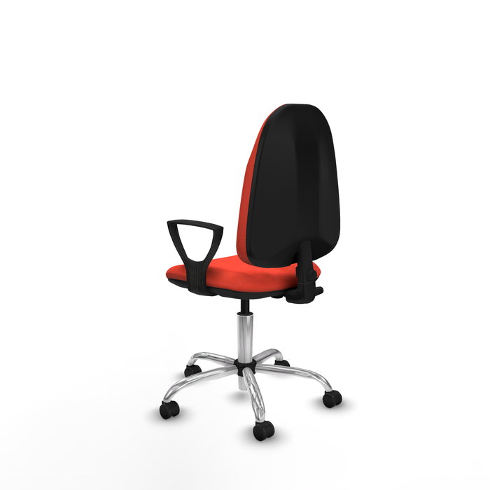 Silla de oficina Algarra con mecanismo Contacto permanente básico tapizada con Tela color Naranja oscuro. Equipada con Base cromada, Brazos fijos y Ruedas autofrenantes