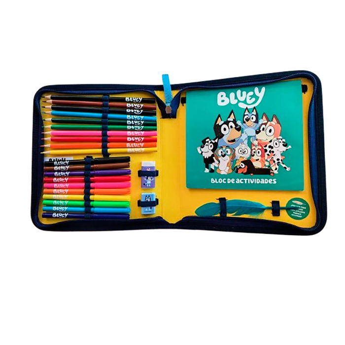 Cefa Estuche Fluffy Bluey con 10 rotuladores, 10 pinturas, sacapuntas, goma, bloc de actividades con pegatinas y pluma