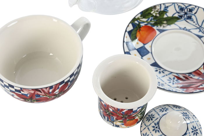 DKD Home Decor Tetera Colección Azulejos Limones Porcelana Cristal Azul Blanco Apto Microondas Lavavajillas 250ml 2 Unidades 16.5 x 13.5 x 14 cm