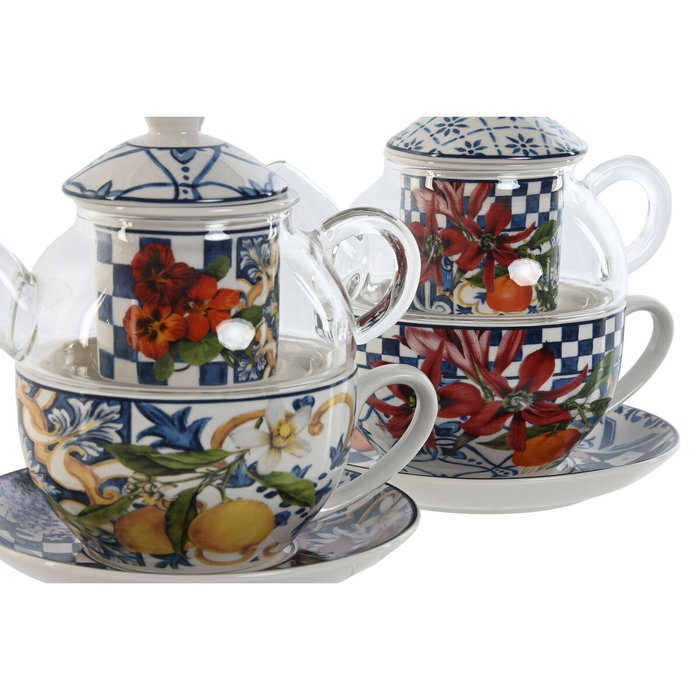 DKD Home Decor Teteras de Porcelana Azulejos 250ml, Pack de 2 unidades, Azul y Blanco