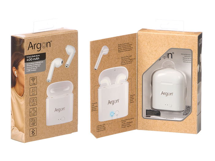 Argon Auriculares Bluetooth Blanco Estuche 5.3x6.6x2.7 cm Carga USB C (Set de 12)