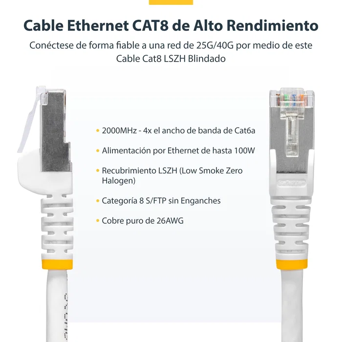 StarTech Cable de Red Ethernet CAT8 NLWH-2M-CAT8-PATCH 2m S/FTP (S-STP) Blindado, 40Gbps, 2000MHz, LSZH, PoE++ 100W, Conectores Chapados en Oro, Blanco