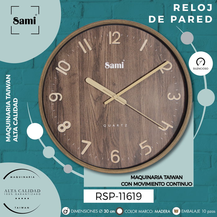 SAMI Reloj de Pared Decorativo Redondo, 30 cm, Madera Oscuro