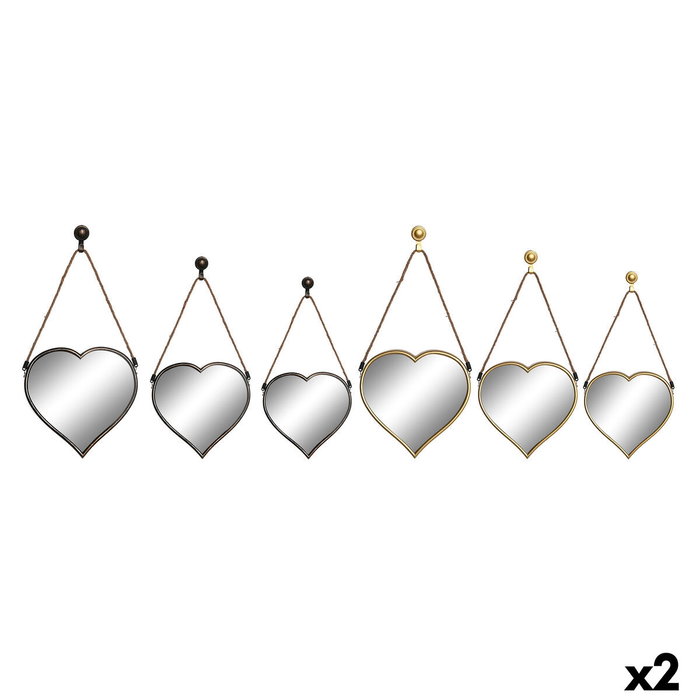 DKD Home Decor Set de Espejos Decorativos Corazón Dorado y Negro 26x26 cm