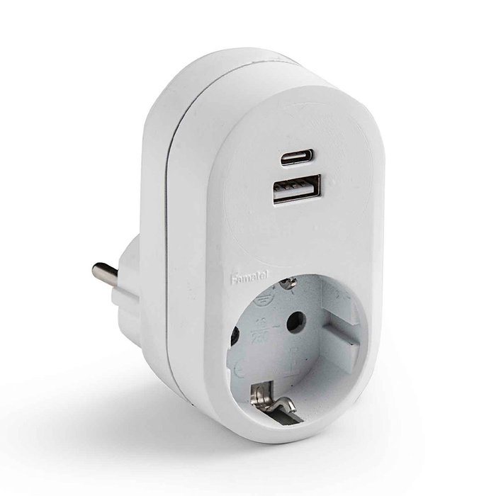 Famatel Adaptador Schuko 1 Toma 2P+T con 2 USB (A+C) IP20 Blanco, Blister Famatel Adaptador Schuko 1 Toma 2P+T con 2 USB (A+C) IP20 Blanco, Blister