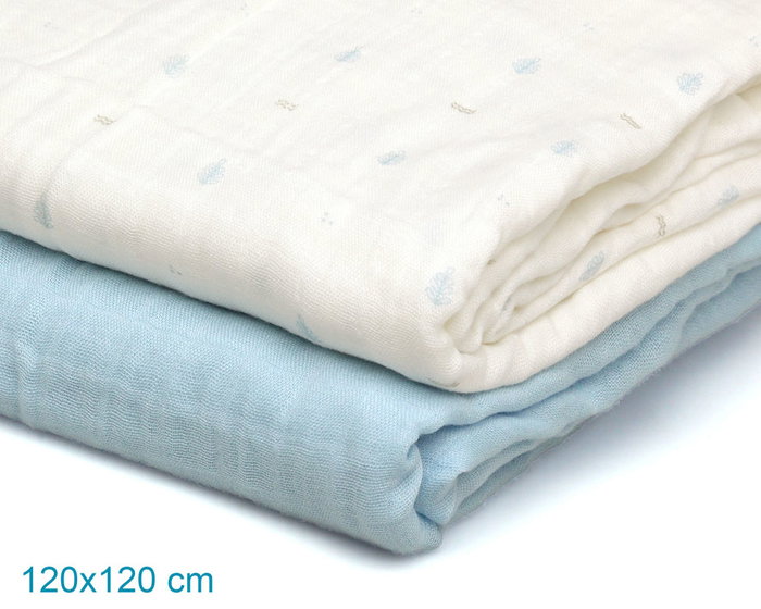 KioKids Set de 2 Muselinas Petit Moments Azul, Blanco y Estampado 120x120 cm