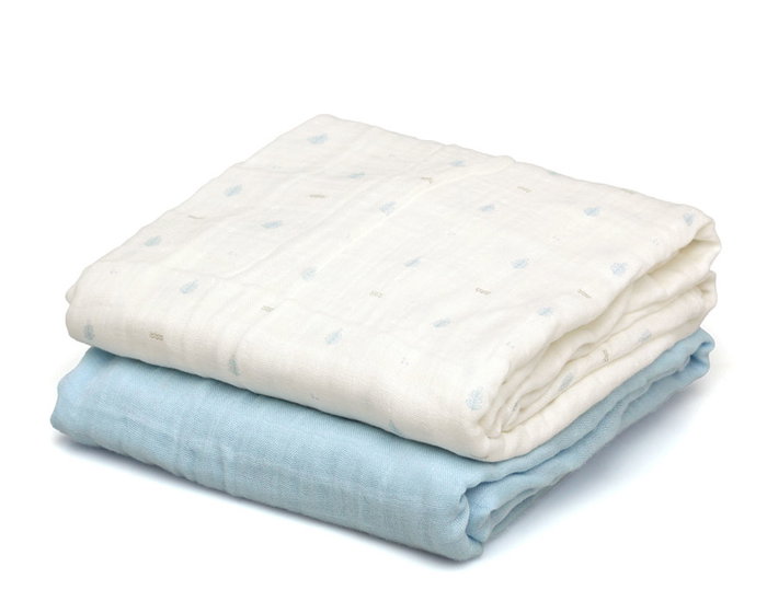 KioKids Set de 2 Muselinas Petit Moments Azul, Blanco y Estampado 120x120 cm