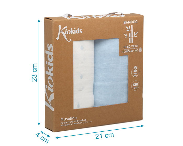 KioKids Set de 2 Muselinas Petit Moments Azul, Blanco y Estampado 120x120 cm