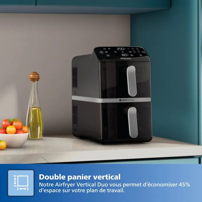 Philips Serie 4000 Freidora de Aire NA461/00 Airfryer Vertical Duo, 10 L Doble Depósito, 2750 W, Negro