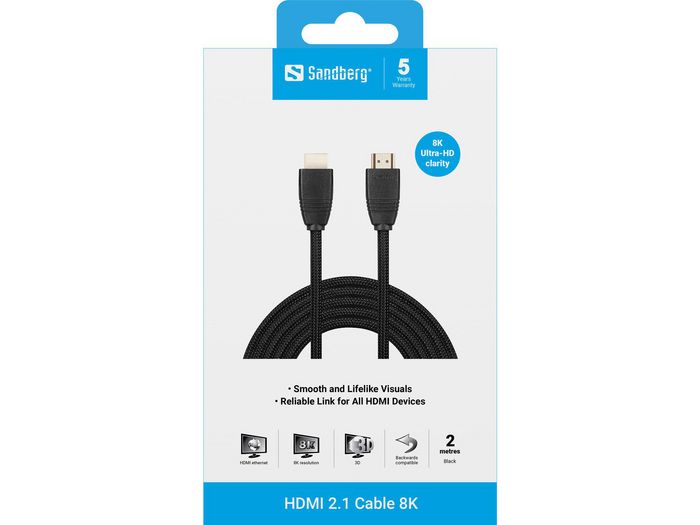 Sandberg HDMI 2.1 Cable 8K, 2m - Calidad de Imagen Nítida y Videos Ultra Fluidos para Juegos, Streaming y Experiencias Visuales Exigentes