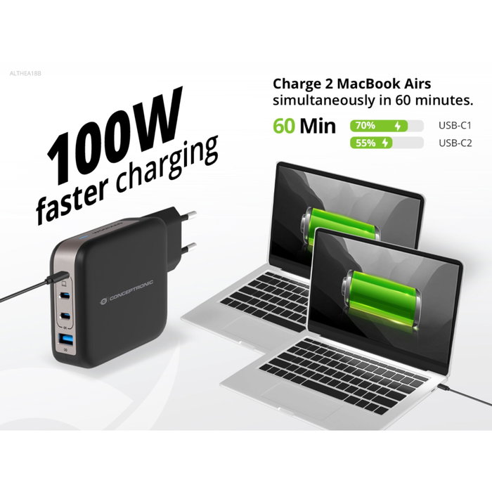 Conceptronic ALTHEA18B Cargador GaN 100W 4 Puertos (3x USB-C, 1x USB-A) Negro Conceptronic ALTHEA18B Cargador GaN 100W 4 Puertos (3x USB-C, 1x USB-A) Negro