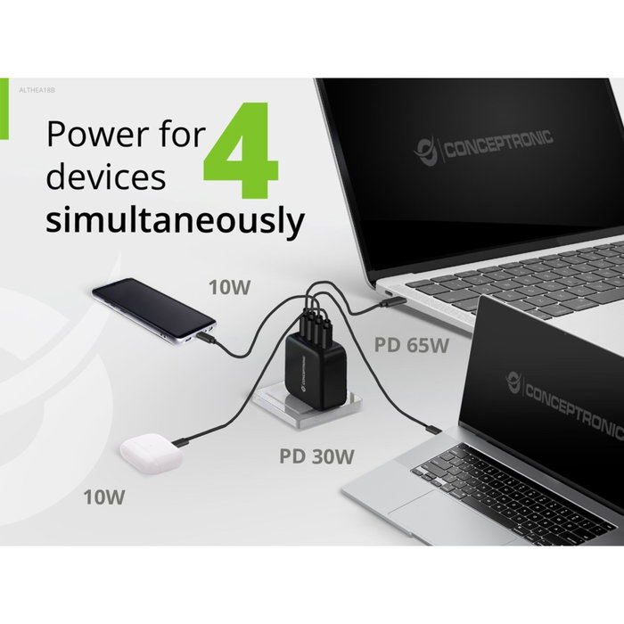 Conceptronic ALTHEA18B Cargador GaN 100W 4 Puertos (3x USB-C, 1x USB-A) Negro Conceptronic ALTHEA18B Cargador GaN 100W 4 Puertos (3x USB-C, 1x USB-A) Negro