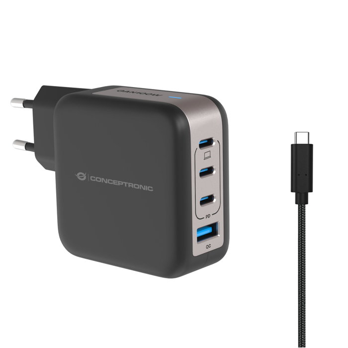 Conceptronic ALTHEA18B Cargador GaN 100W 4 Puertos (3x USB-C, 1x USB-A) Negro Conceptronic ALTHEA18B Cargador GaN 100W 4 Puertos (3x USB-C, 1x USB-A) Negro