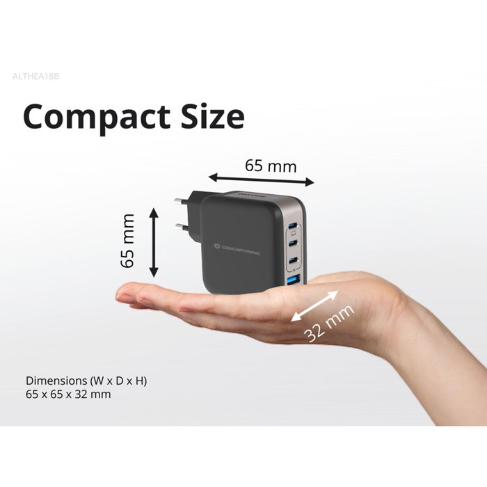 Conceptronic ALTHEA18B Cargador GaN 100W 4 Puertos (3x USB-C, 1x USB-A) Negro Conceptronic ALTHEA18B Cargador GaN 100W 4 Puertos (3x USB-C, 1x USB-A) Negro