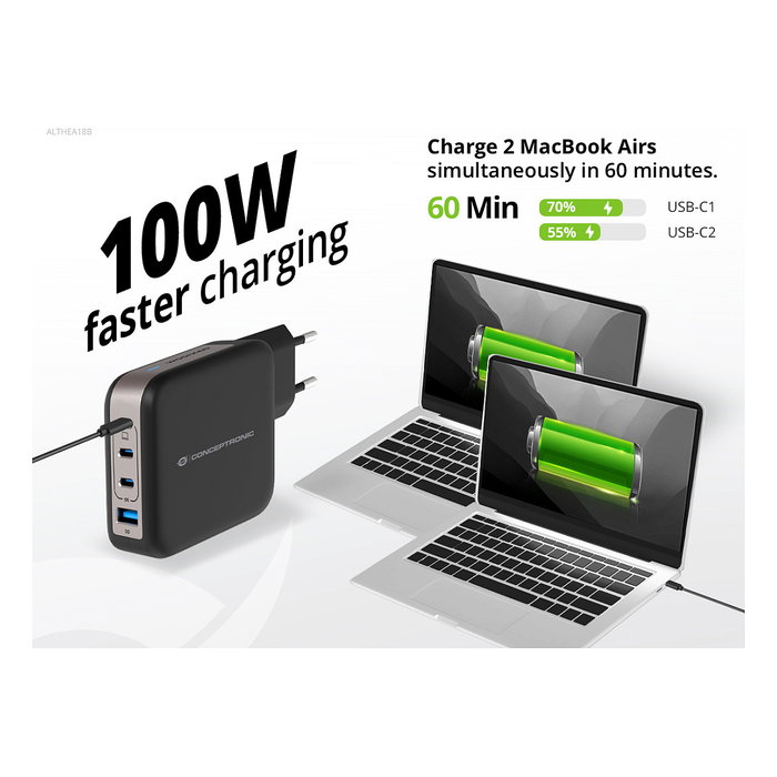 Conceptronic ALTHEA18B Cargador GaN 100W 4 Puertos (3x USB-C, 1x USB-A) Negro Conceptronic ALTHEA18B Cargador GaN 100W 4 Puertos (3x USB-C, 1x USB-A) Negro