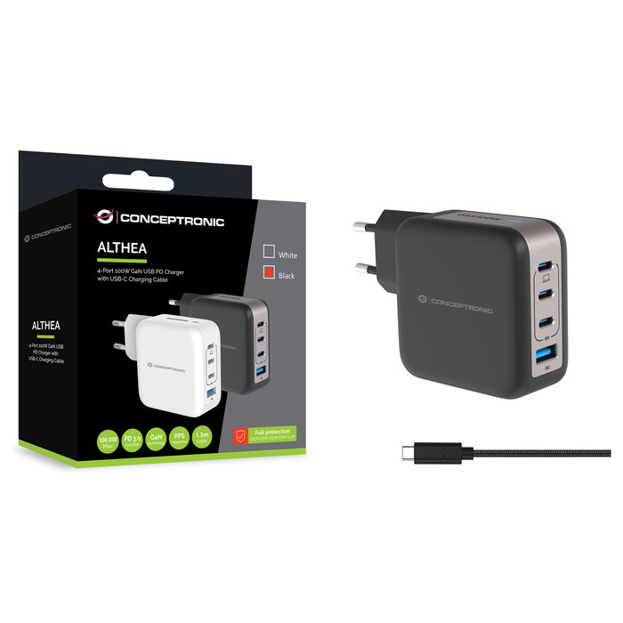 Conceptronic ALTHEA18B Cargador GaN 100W 4 Puertos (3x USB-C, 1x USB-A) Negro Conceptronic ALTHEA18B Cargador GaN 100W 4 Puertos (3x USB-C, 1x USB-A) Negro