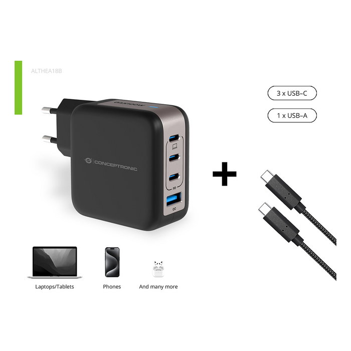 Conceptronic ALTHEA18B Cargador GaN 100W 4 Puertos (3x USB-C, 1x USB-A) Negro Conceptronic ALTHEA18B Cargador GaN 100W 4 Puertos (3x USB-C, 1x USB-A) Negro