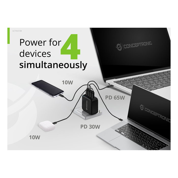 Conceptronic ALTHEA18B Cargador GaN 100W 4 Puertos (3x USB-C, 1x USB-A) Negro Conceptronic ALTHEA18B Cargador GaN 100W 4 Puertos (3x USB-C, 1x USB-A) Negro