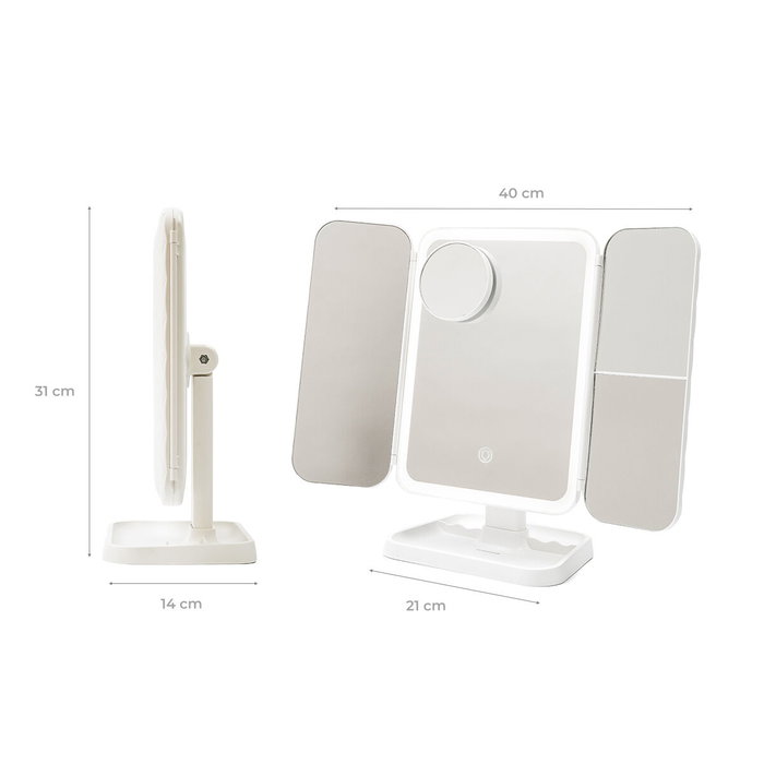 Innovagoods Espejo Tríptico Plegable de Sobremesa con Aumento y Luz LED Recargable