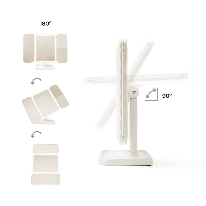 Innovagoods Espejo Tríptico Plegable de Sobremesa con Aumento y Luz LED Recargable