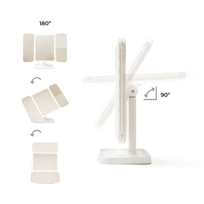 Innovagoods Espejo Tríptico Plegable de Sobremesa con Luz LED Recargable USB-C, Aumento 2x, 3x y 10x, 3 Tonos de Luz, Inclinación y Rotación Ajustable