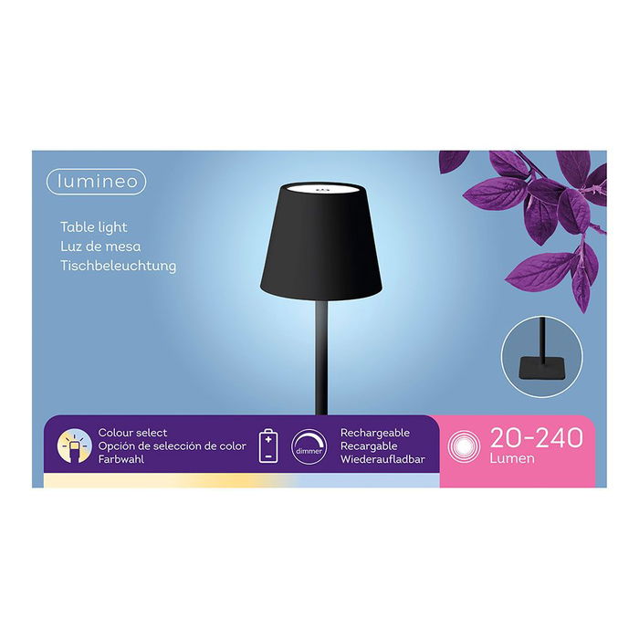 Lumineo Lámpara de Mesa LED Recargable para Exterior e Interior 27 cm Negro Metal Batería 3600 mAh