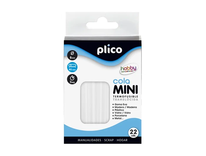 Plico Barras termofusibles mini translúcidas 8 mm x 95 mm Blister 22 Unidades para Pistola Encoladora Bricolaje Plico Barras termofusibles mini translúcidas 8 mm x 95 mm Blister 22 Unidades para Pistola Encoladora Bricolaje