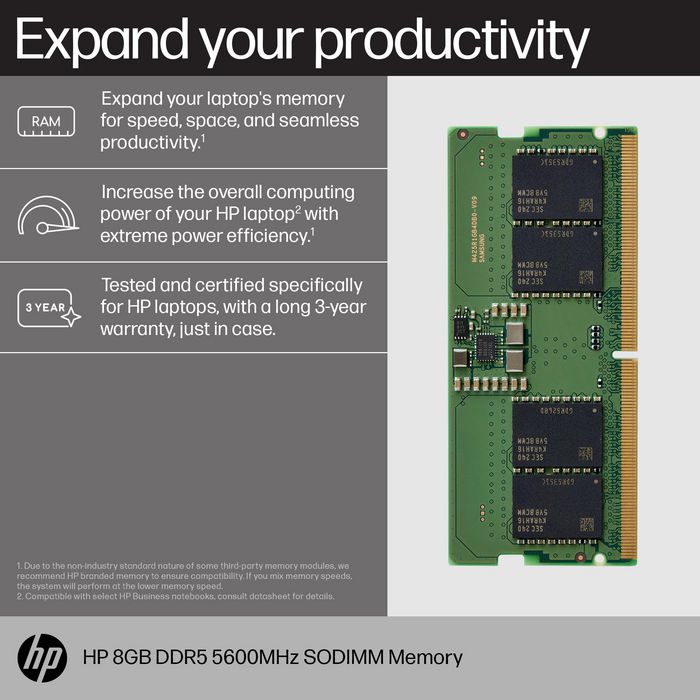 HP Memoria RAM 8GB DDR5 5600MHz SODIMM para portátil, compatible y certificada por HP