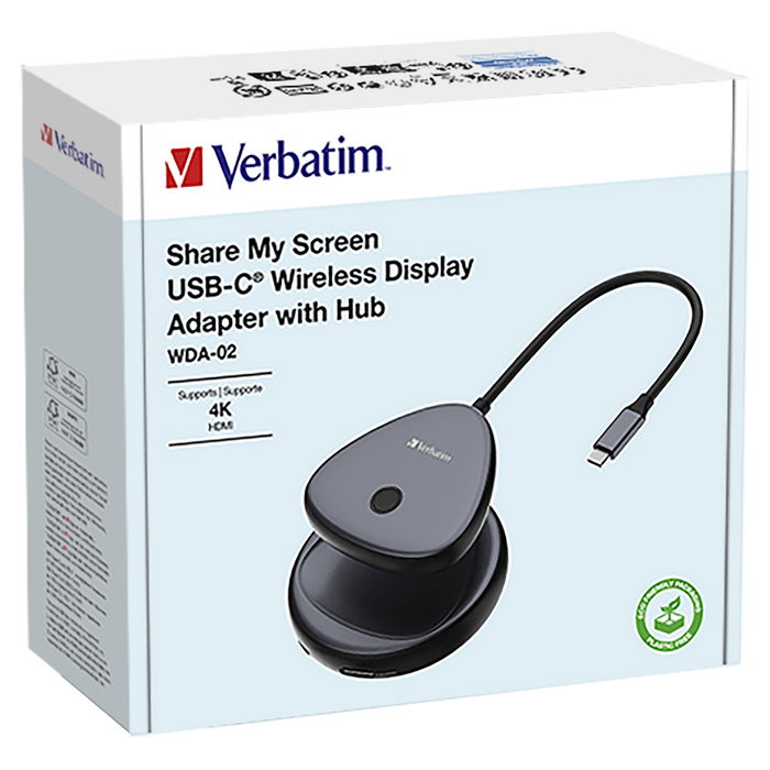 Verbatim 32147 Adaptador Inalámbrico USB-C Hub HDMI 4K WDA-02 para Pantalla, Plug and Play, USB 2.0, Tipo A y C, Escritorio, Negro