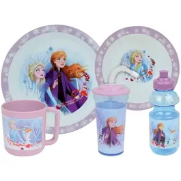 Fun House Disney Frozen Set de Vajilla 006379 - Plato Hondo, Plato Llano, Taza, Botella y Vaso con Pajita